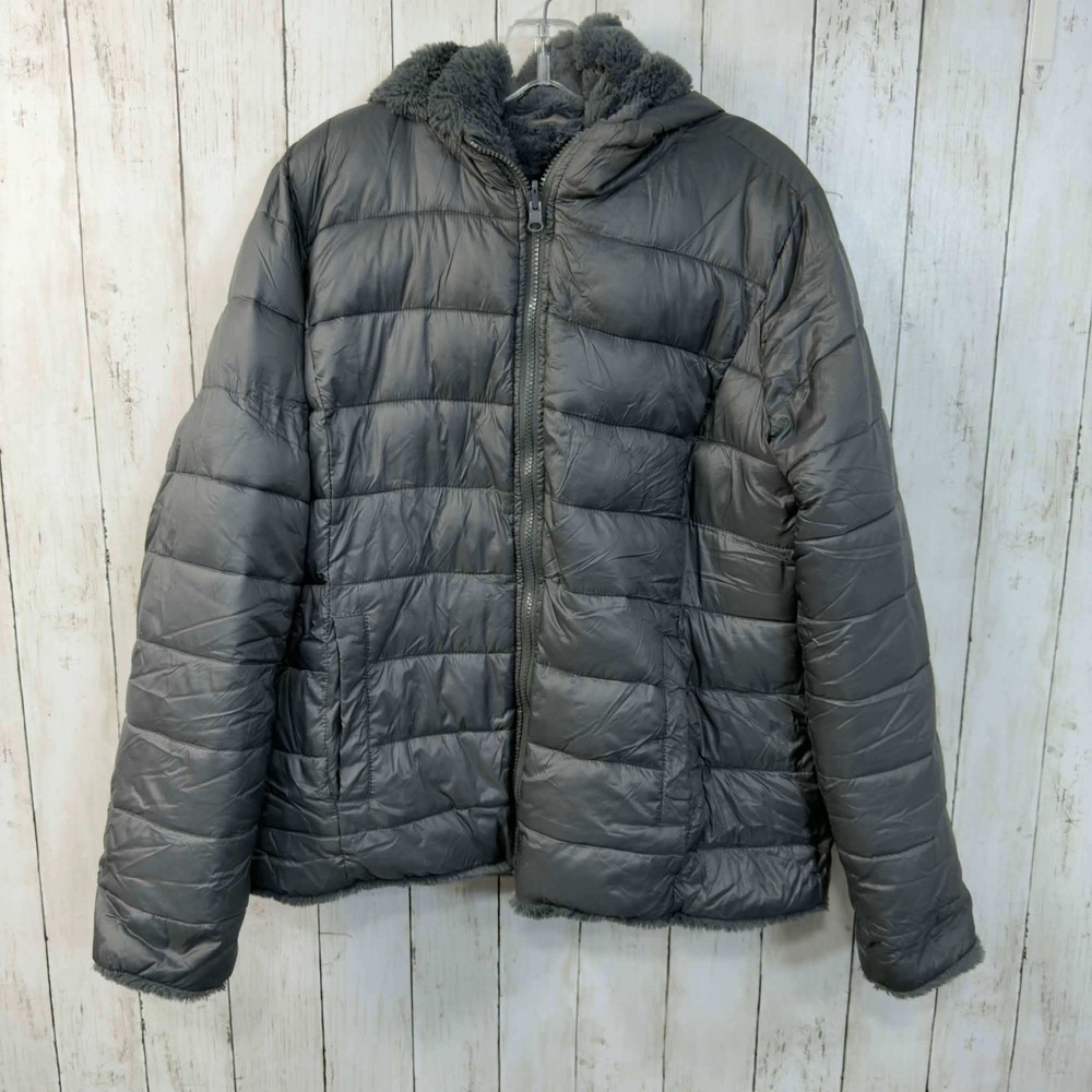 New York & Company Women's Reversable Grey Puffer Jacket Faux Fur Lined Size XL